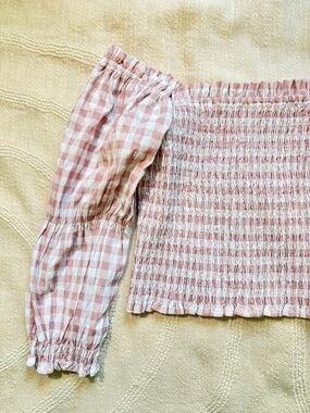 Spring Pink Gingham Smocked Off-Shoulder Top Large